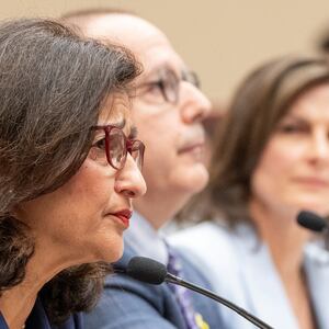 A photo of Columbia University President Minouche Shafik and other administrators from the Ivy League school during a House Education and the Workforce Committee hearing on April 17.