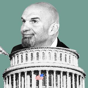 Photo illustration of John Fetterman coming out of the Capitol Building.