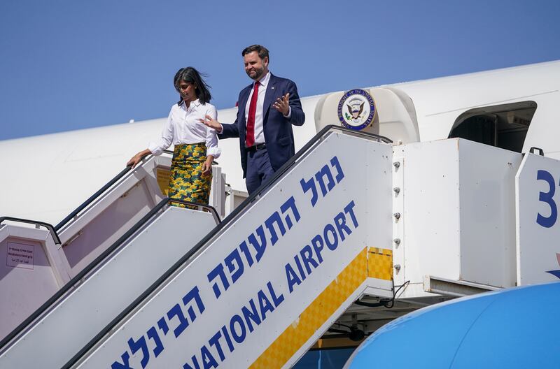 Vice President J.D. Vance and Second Lady Usha Vance disembark Air Force Two on arrival to Ben Gurion airport on October 21, 2025  in Tel Aviv, Israel.