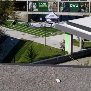 A drone view shows the reported location of the shooter on a rooftop, at the scene where U.S. right-wing activist, commentator, Charlie Kirk, an ally of U.S. President Donald Trump, was fatally shot during an event at Utah Valley University, in Orem, Utah, U.S. September 11, 2025.  REUTERS/Cheney Orr     TPX IMAGES OF THE DAY
