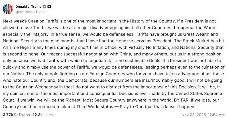 A screenshot of President Trump's Truth Social post.