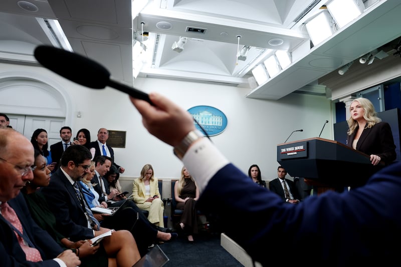 WASHINGTON, DC - OCTOBER 06: White House Press Secretary Karoline Leavitt (R) speaks during a press briefing in the Brady Press Briefing Room of the White House on October 06, 2025 in Washington, DC. Leavitt answered questions from reporters about a range of topics, including the ongoing government shutdown, during the briefing. (Photo by Anna Moneymaker/Getty Images)