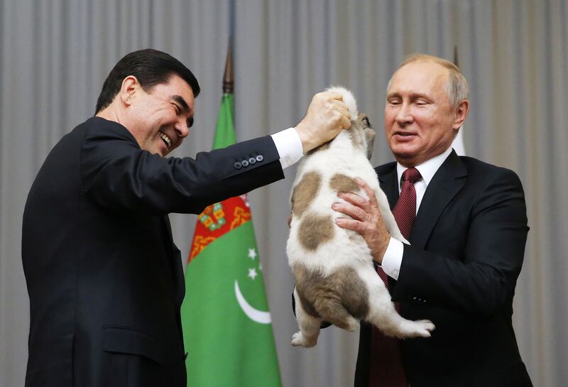 Turkmenistan's President Gurbanguly Berdimuhamedov presents a Turkmen shepherd dog, locally known as Alabai, to his Russian counterpart Vladimir Putin during a meeting in Sochi, Russia October 11, 2017.