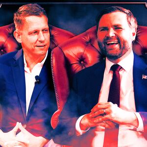 A photo illustration of Pete Thiel and JD Vance in leather chairs in a smokey room.