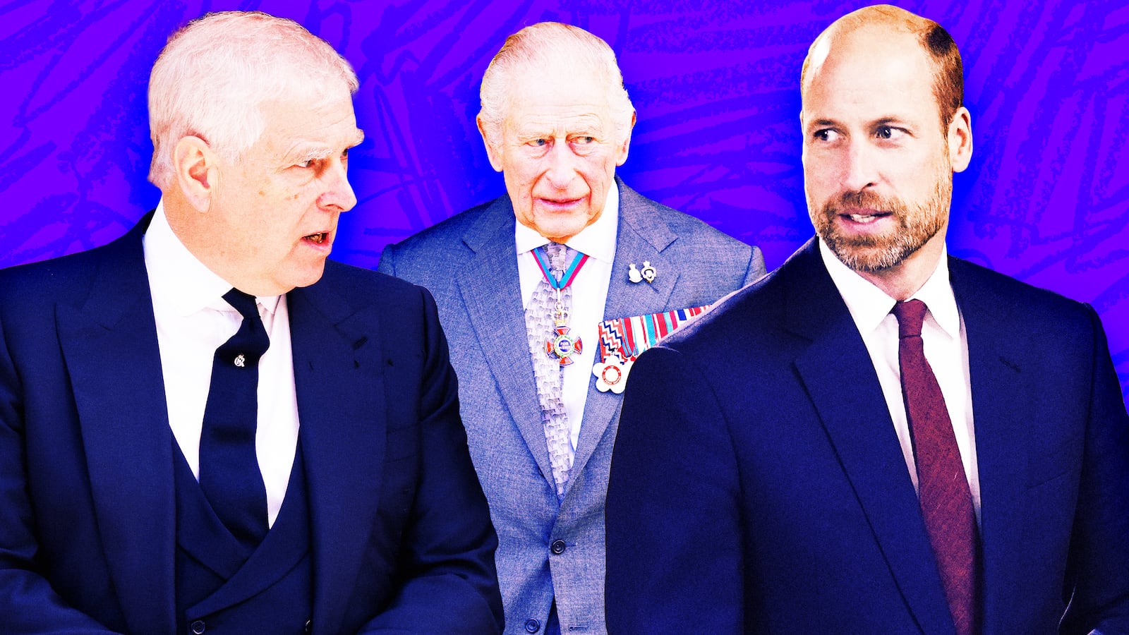A photo illustration of Prince Andrew, King Charlies, and Prince William.