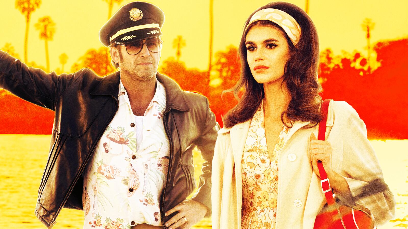 A photo illustration of Josh Lucas and Kaia Gerber in Palm Royale.