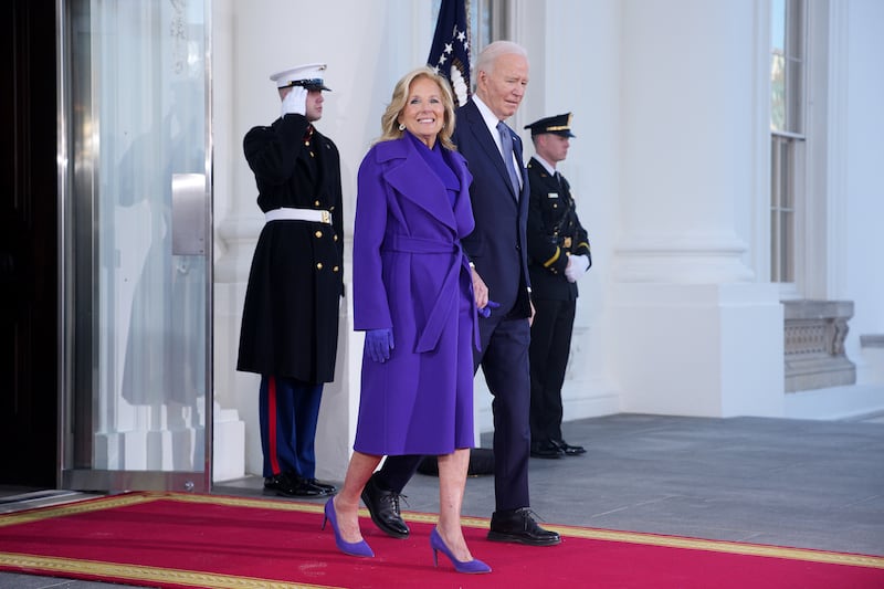 WASHINGTON, DC - JANUARY 20: First lady Jill Biden and U.S. President Joe Biden wait the arrival of U.S. President-elect Donald Trump for Inauguration ceremonies at the White House on January 20, 2025 in Washington, DC. Donald Trump takes office for his second term as the 47th president of the United States. (Photo by Andrew Harnik/Getty Images)