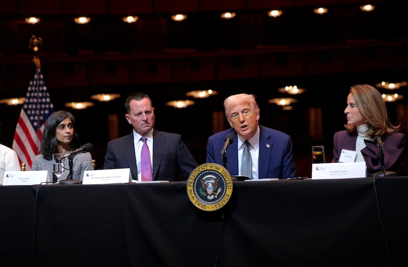 WASHINGTON, DC - MARCH 17: U.S. President Donald Trump leads a board meeting at the John F. Kennedy Center for the Performing Arts on March 17, 2025 in Washington, DC. After shunning the annual Kennedy Center Honors during his first term in the White House, Trump fired the center’s president, removed the bipartisan board of Biden appointees and named himself Chairman of the storied music, theater and dance institution. Seated with Trump are (L-R) Usha Vance, the wife of Vice President JD Vance, President of The Kennedy Center Board of Trustees Richard Grenell and Interim Vice Chair Jennifer Fischer. (Photo by Chip Somodevilla/Getty Images)