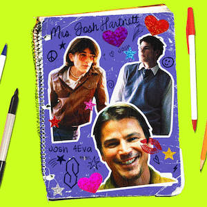 Photo illustrative gif of a teenage notebook with Josh Harnett stickers and doodles