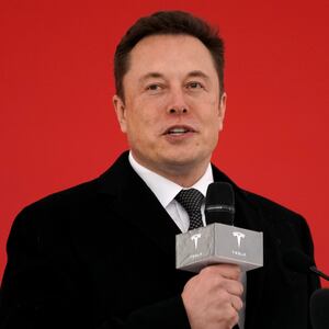 Elon Musk speaks into a microphone on stage.