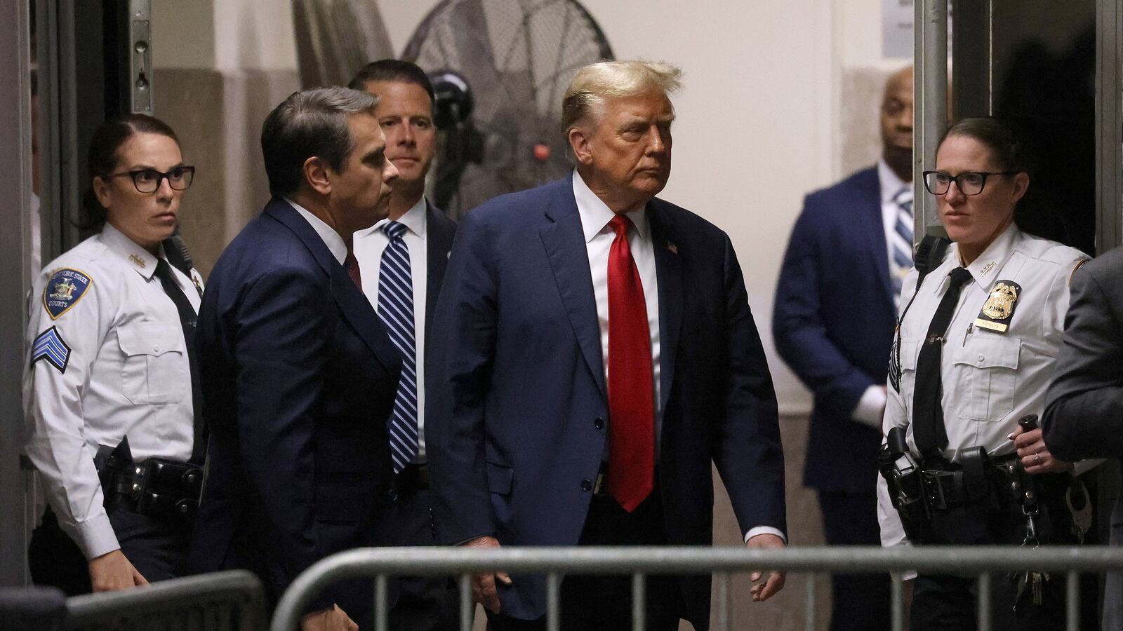 A photo of Donald Trump at trial.