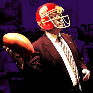 A photo illustration of former President Donald Trump throwing a football.