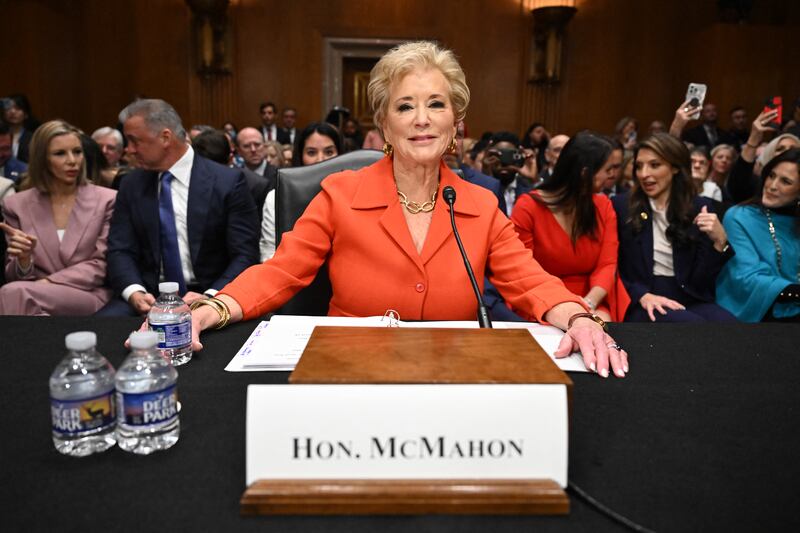 Linda McMahon arrives to testify before the Senate Health, Education, Labor and Pensions Committee on her nomination to be Education Secretary, Feb. 13.