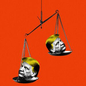An illustration including photos of Trump and an Imbalanced Weight Scale