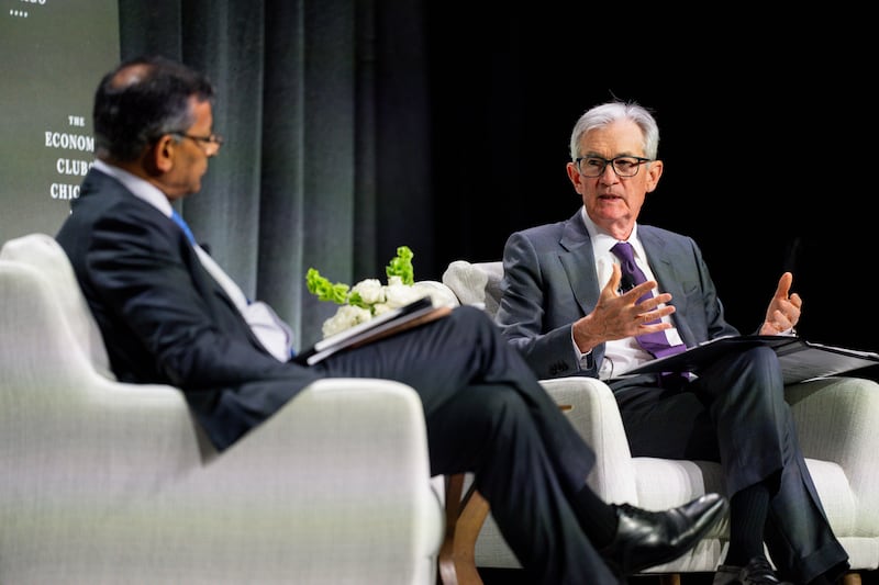 Jerome Powell speaks with Dr. Raghuram Rajan, a Professor of Finance at the University of Chicago's Booth School, during an Economic Club of Chicago event on April 16, 2025 in Chicago, Illinois.