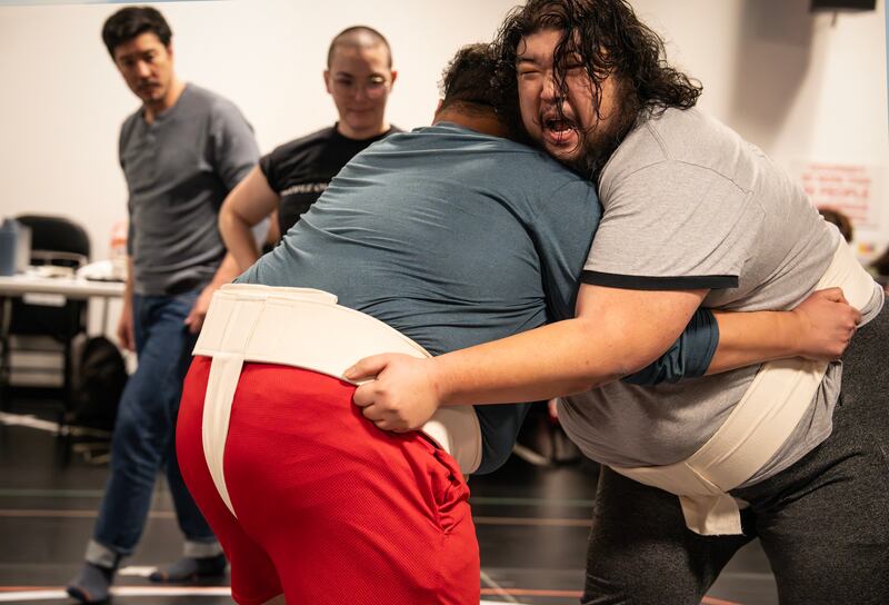 Ahmad Kamal and Earl T. Kim in rehearsal for SUMO at The Public Theater