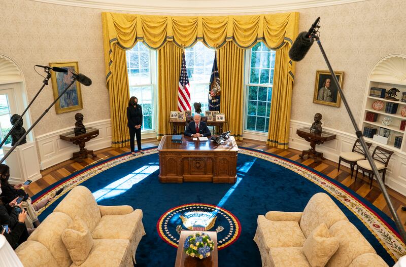 Former President Joe Biden and President Donald Trump both opted to use gold curtains that were also hung during the Clinton administration.