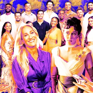 A photo illustration of actors and contestants from And Just Like That, Sirens, Bachelor in Paradise and The Gilded Age.