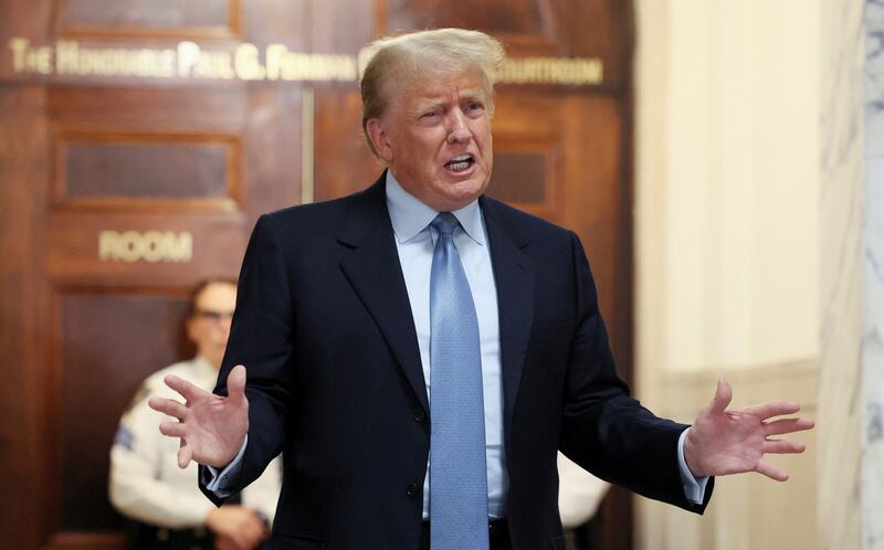 Trump speaks outside his Manhattan trial on Wednesday.