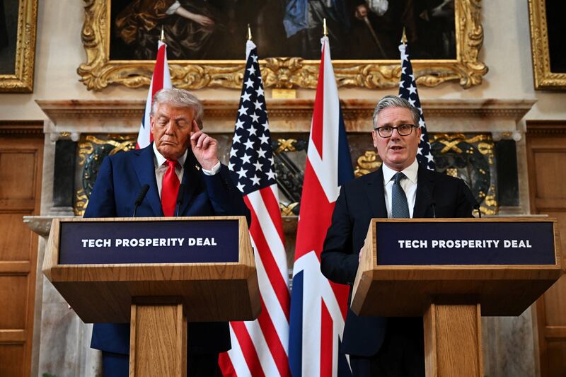 U.S. President Donald Trump and UK Prime Minister Keir Starmer hold a press conference at Chequers at the conclusion of a state visit on September 18, 2025 in Aylesbury, England.   Leon Neal/Pool via REUTERS