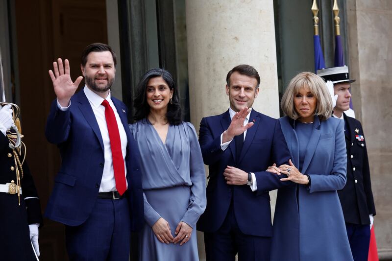 French President Emmanuel Macron and his wife Brigitte Macron welcome U.S. Vice President JD Vance and Usha Vance for a meeting at the Elysee Palace as part of the Artificial Intelligence (AI) Action Summit in Paris, France, February 11, 2025.