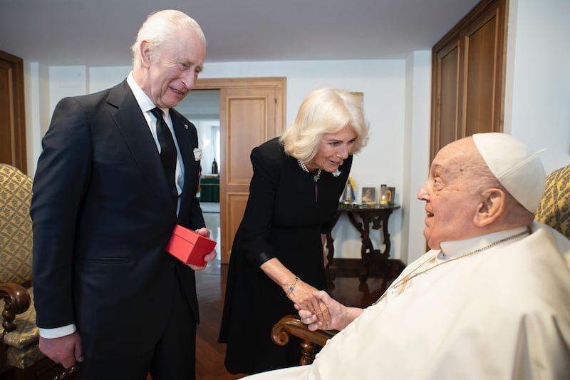 King Charles III and Queen Camilla meet Pope Francis during day three of their State visit to The Republic of Italy on April 09, 2025 in Vatican City.