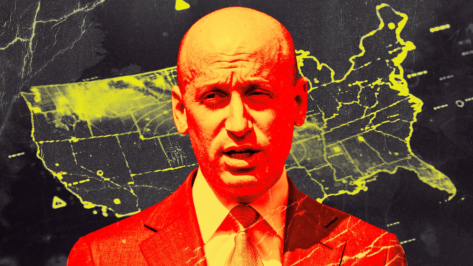 A photo illustration of Stephen Miler and a map of the United States.