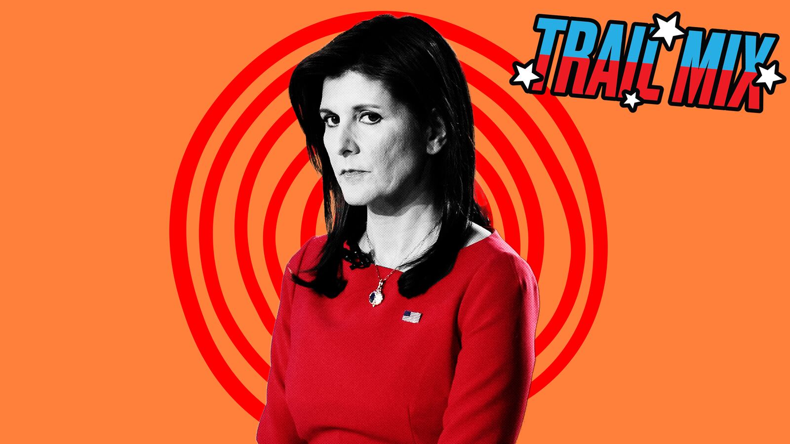 A photo illustration of Nikki Haley on a red background.