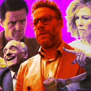 A photo illustration of Seth Rogen and cast members from The Studio on Apple TV+.