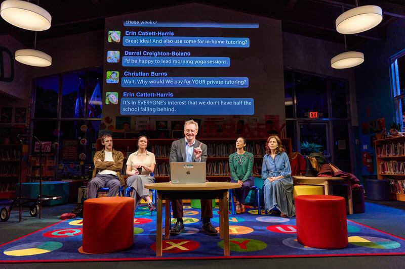 Thomas Middleditch, Amber Gray, Bill Irwin, Chelsea Yakura-Kurtz, and Jessica Hecht