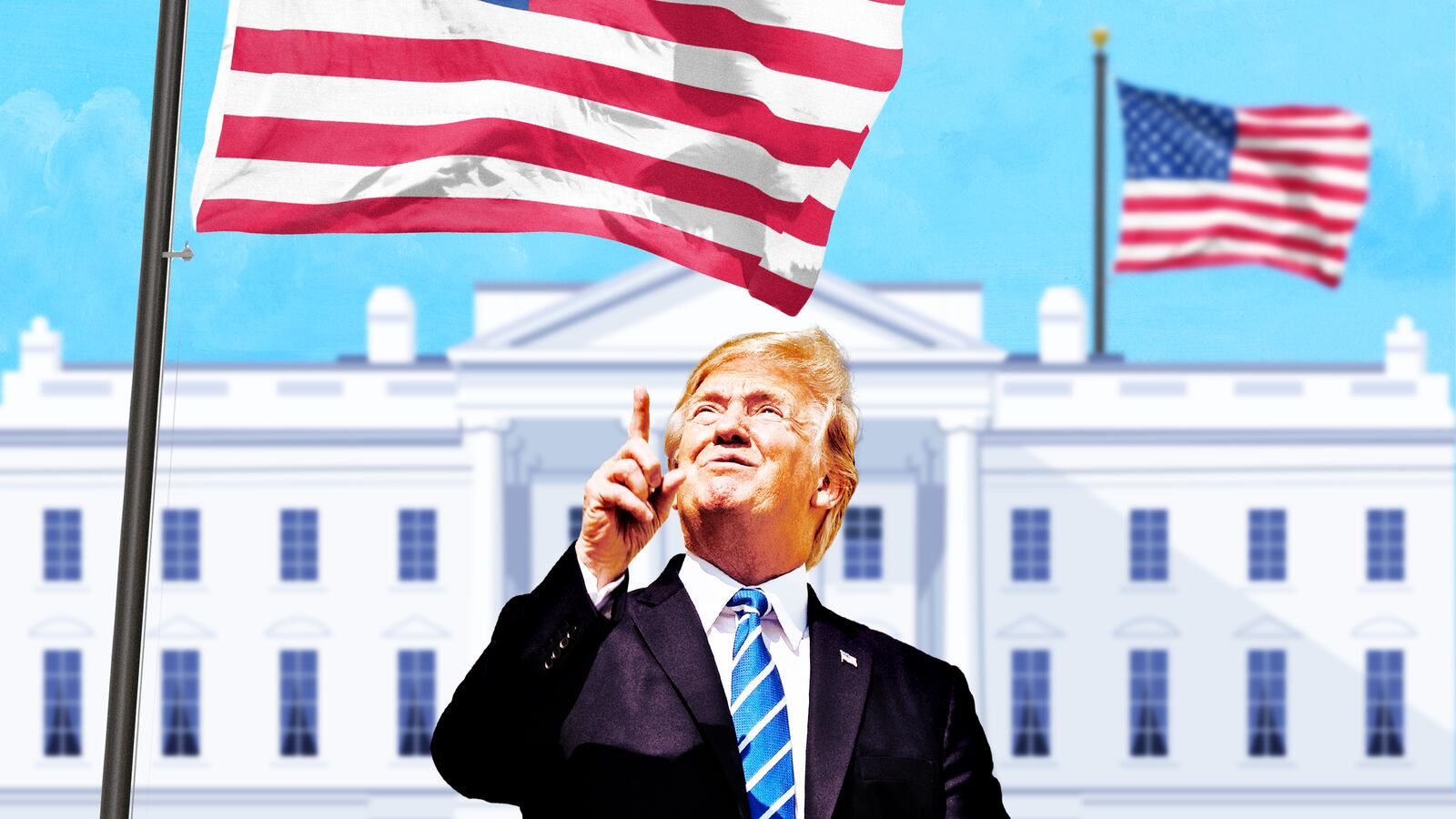 A photo illustration of President Donald Trump looking up at two giant US Flags flying above The White House.