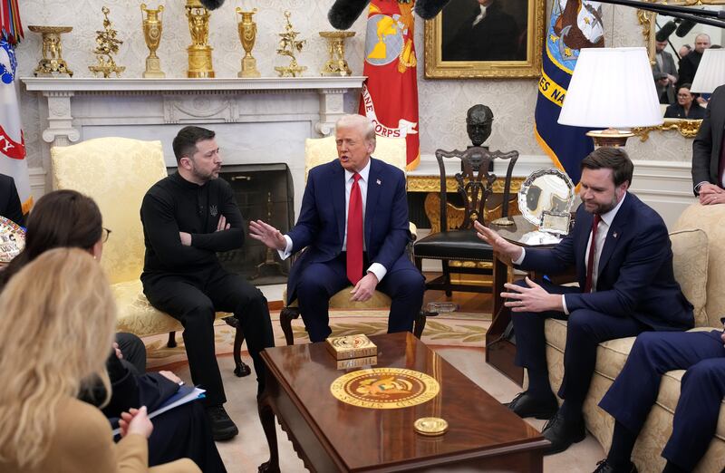 Donald Trump and Vice President JD Vance meet with Ukrainian President Volodymyr Zelensky in the Oval Office at the White House on February 28, 2025.