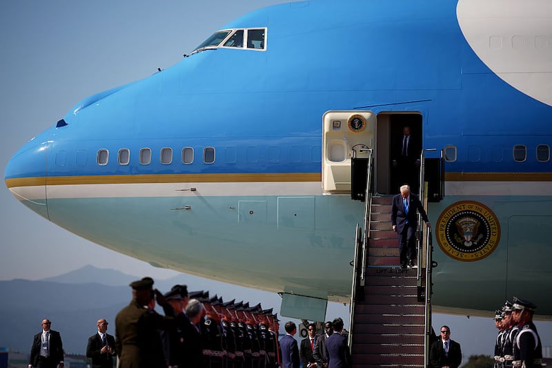 U.S. President Donald Trump disembarks Air Force One as he arrives at Gimhae International Airport on October 29, 2025 in Busan, South Korea.