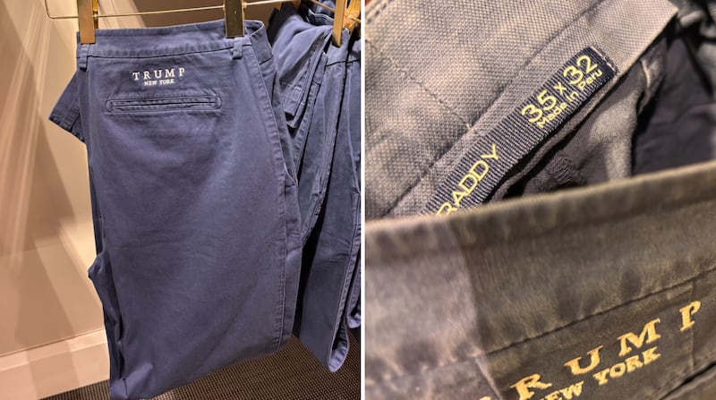 Trump New York dark-blue pants at the Trump Tower in New York City.