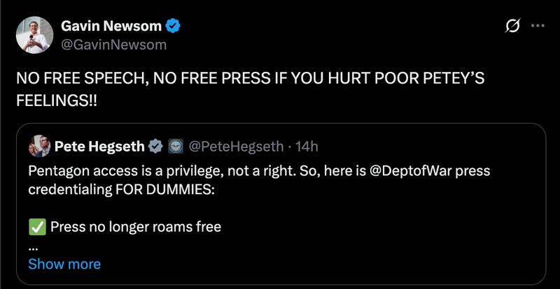 Newsom mocks Pete Hegseth.