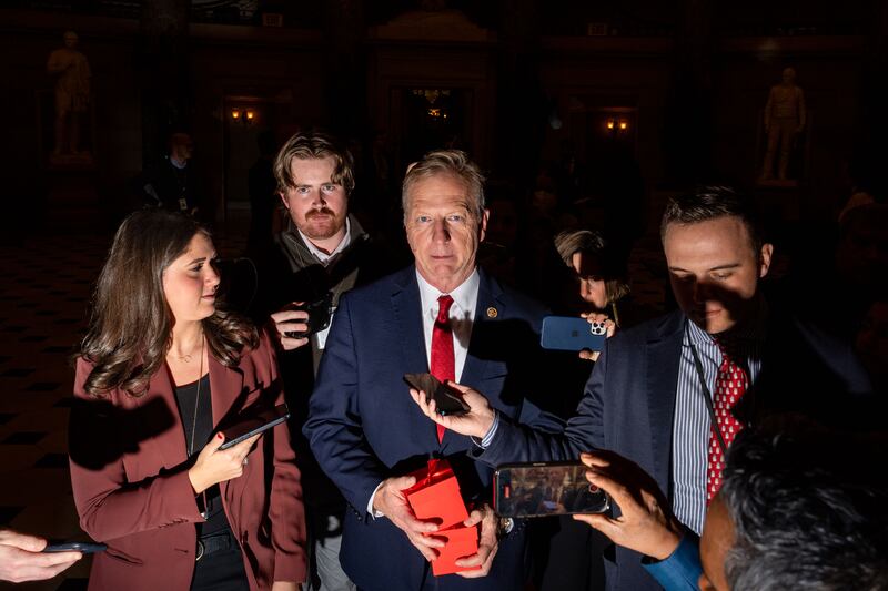 Rep. Kevin Hern (R-OK) is surrounded by reporters after leaving the office of U.S. Speaker of the House Mike Johnson Wednesday.
