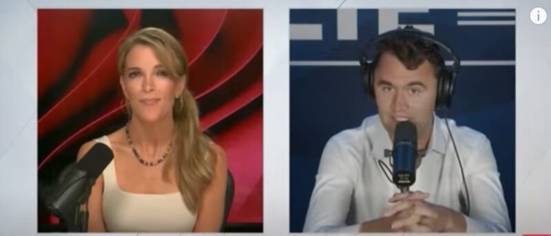 A side-by-side view of Megyn Kelly and Charlie Kirk speaking into microphones.