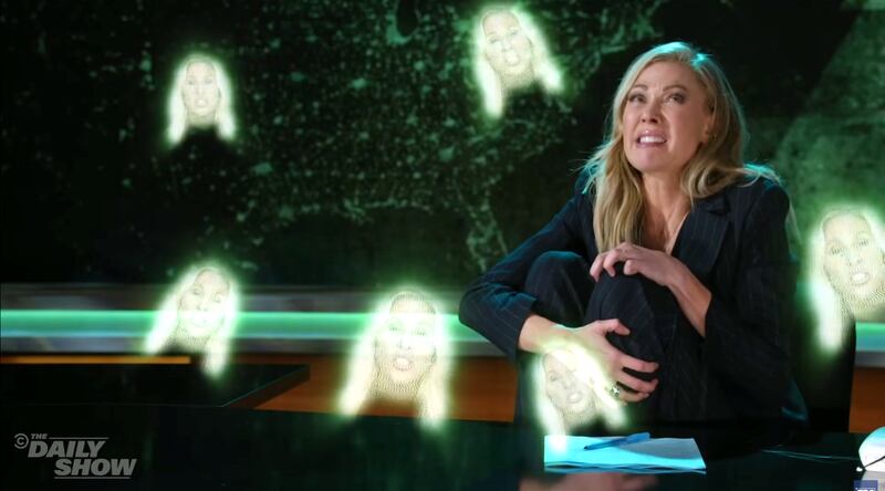 The Daily Show, Desi Lydic haunted by floating MTG heads.