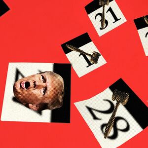 A series of calendar days with gavels on them fly through the air with one showing Trumps face.