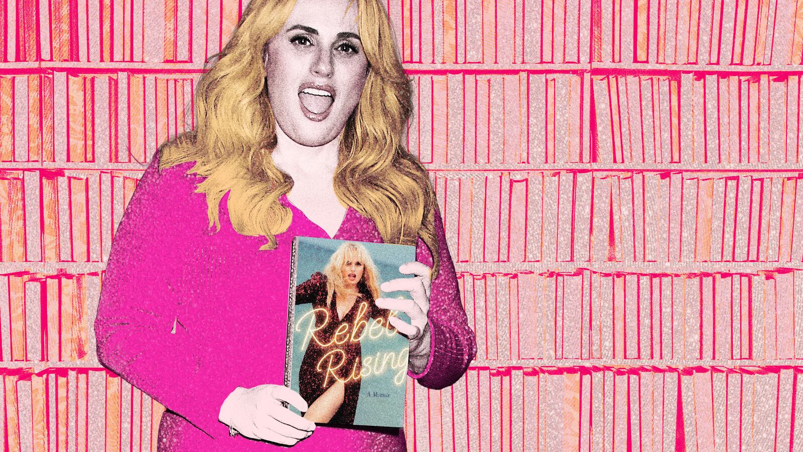 Photo illustration of Rebel Wilson holding her new book