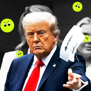 Donald Trump at the US Open with angry tennis balls around him