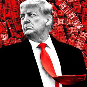 An illustration that includes a photo of former U.S President Donald Trump and a pile of money