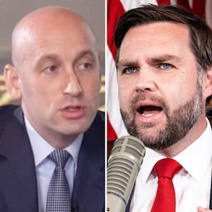 Stephen Miller and JD Vance hosting The Charlie Kirk Show in the Eisenhower Executive Office Building on the White House campus in Washington, DC, on September 15, 2025.