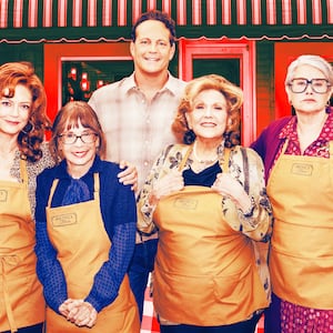 A photo illustration of  Susan Sarandon as Gia, Talia Shire as Teresa, Vince Vaughn as Joe Scaravella, Brenda Vaccaro as Antonella and Lorraine Bracco as Roberta in Nonnas.