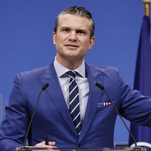 Secretary of Defense Pete Hegseth gives a press conference following the meeting of The North Atlantic Treaty Organisation (NATO) Ministers of Defence at NATO Headquarters in Brussels, on February 13, 2025.