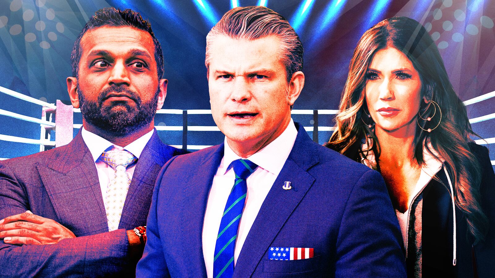 A photo illustration of Kash Patel, Pete Hegseth, and Kristi Noem.