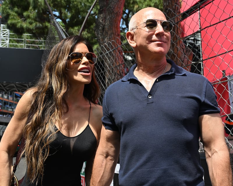 MONTE-CARLO, MONACO - MAY 25: Jeff Bezos and Lauren Sanchez during the F1 Grand Prix of Monaco at Circuit de Monaco on May 25, 2025 in Monte-Carlo, Monaco. (Photo by Mark Sutton - Formula 1/Formula 1 via Getty Images)