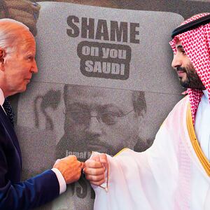 An illustration of Joe Biden and Mohammad bin Salman fist-bumping.