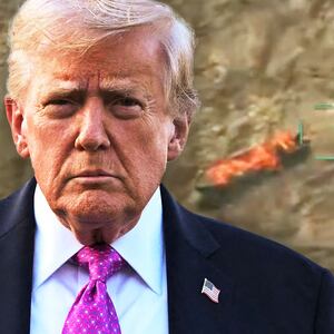 Donald Trump over a still from an unclassified video of a boat bombing