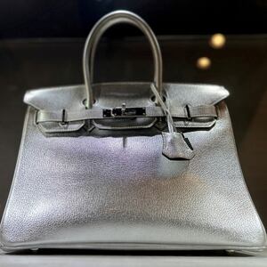 View of a Hermes Silver Metallic Chevre Birkin 30 bag up for auction at Sotheby's in New York City, U.S., June 1, 2023.